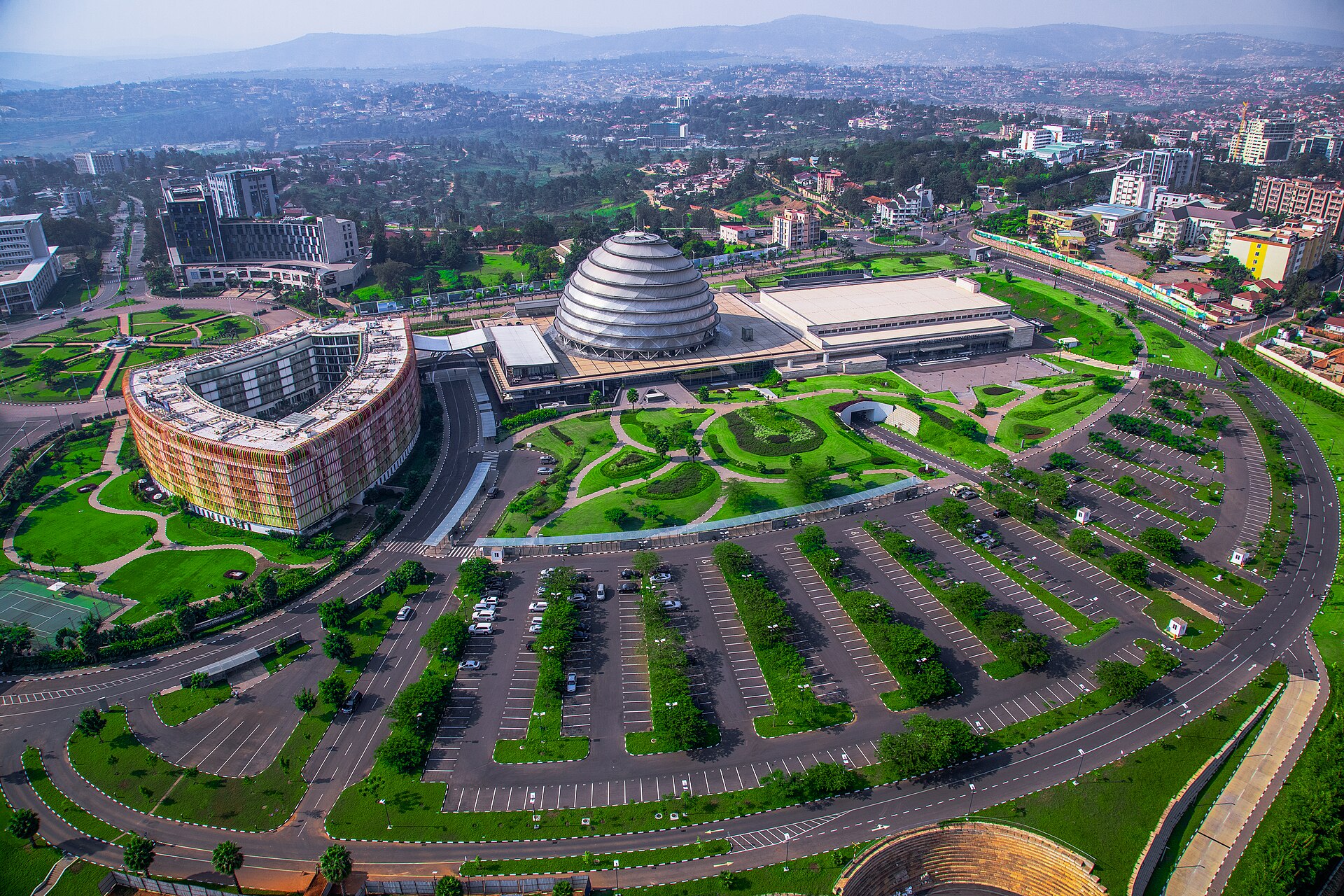 Aerial view of the Kigali Convention Centre and surrounding business district, the heart of Rwanda's modern technology and innovation ecosystem